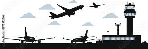 Airport terminal silhouette flat vector with airplanes taking off landing control tower and clouds for aviation travel and transportation design
