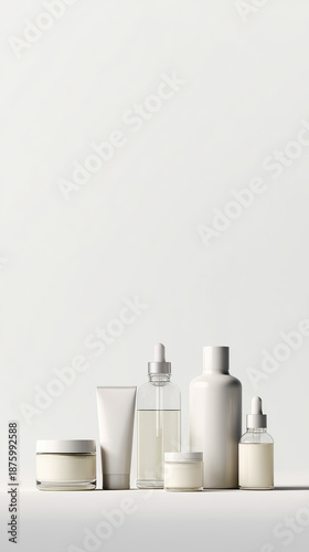 Collection of skincare product containers including jars, tubes, dropper bottles and vials arranged on light background. Studio mockup with minimalist packaging for cosmetic branding