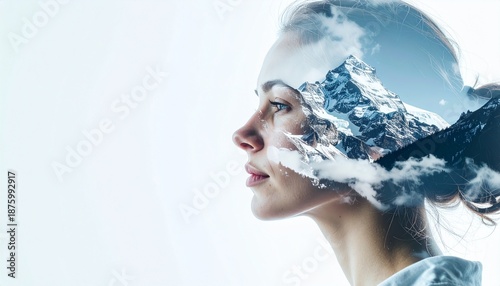 Dreamscape Portrait - A Womans Profile Merged with Majestic Mountain Peaks and Clouds.