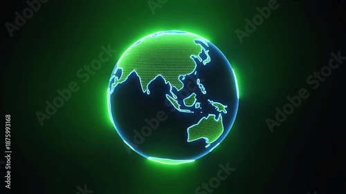Glowing neon green and blue illustration of a globe with a bright outline, centered on a dark background with a spotlight effect.