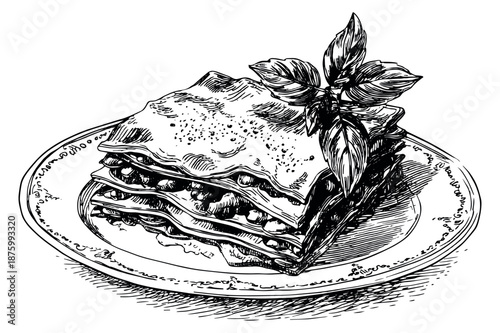 Hand drawn line art illustration of lasagna depicting a delicious serving garnished with basil for italian food