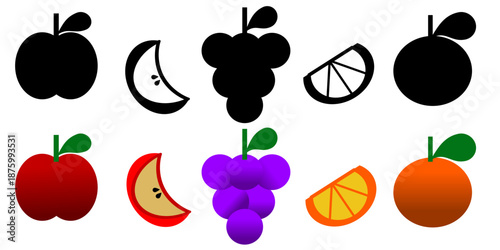 fruit multiple color set whole and cut slice fruit apple cartoon orange icon grape illustration
