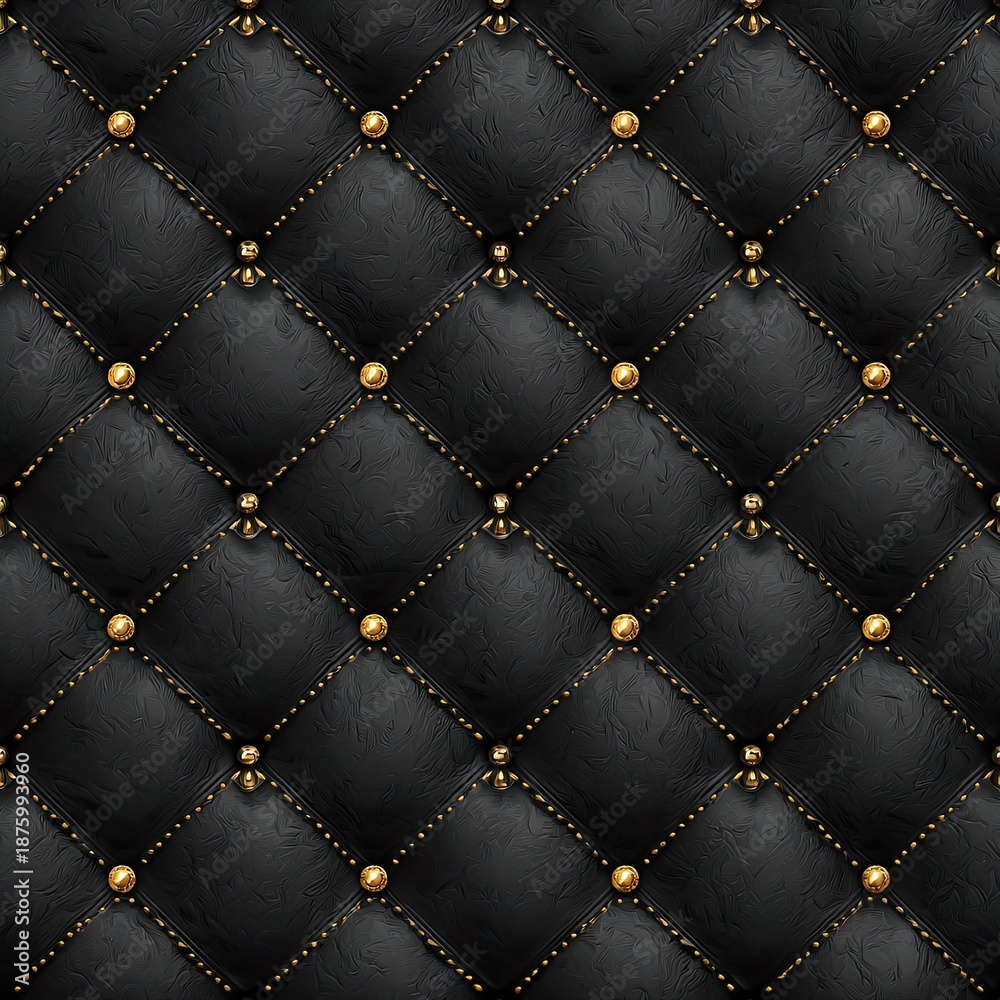 Fototapeta premium Quilted black leather pattern with golden studs in diamond arrangement, vintage style