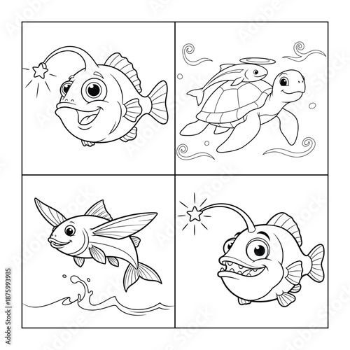 This vector line art features a cheerful anglerfish with a wide, friendly smile and a tiny, brightly shining star