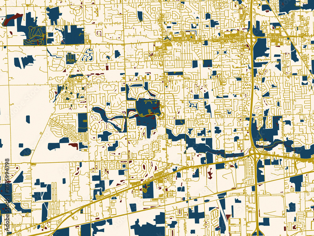 Fototapeta premium Minimalist map of Canton, Michigan, dark red water and warm gold roads