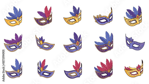 A collection of colorful masquerade masks in a vibrant and festive design