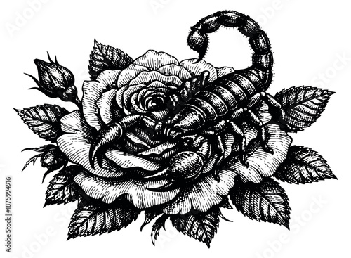 Hand drawn line art illustration of a scorpion and a rose depicting an intertwined motif for tattoo designs