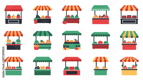 A colorful vector illustration of various food carts and market stalls with striped awnings
