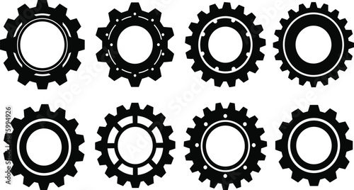 Gear and cog icon set, mechanical engineering symbols, industrial machine parts, rotation elements, technical design components, manufacturing illustration pack