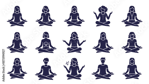 A set of minimalist yoga icons in a meditative pose with various hand gestures on a white background