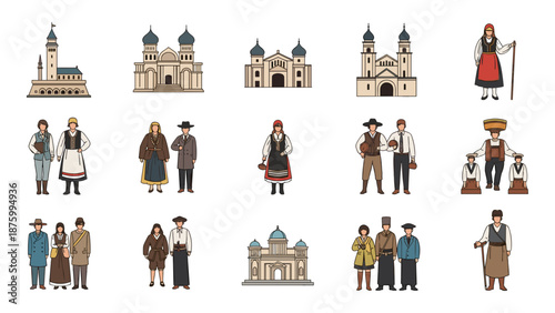 A set of colorful vector illustrations depicting traditional European architecture and people in folk clothing
