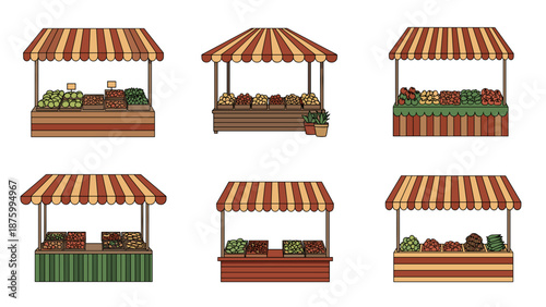 A set of colorful market stalls with striped awnings and various fruits and vegetables on display