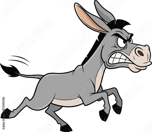 Angry cartoon donkey running fast with aggressive expression, funny farm animal character, dynamic motion illustration vector isolated white background