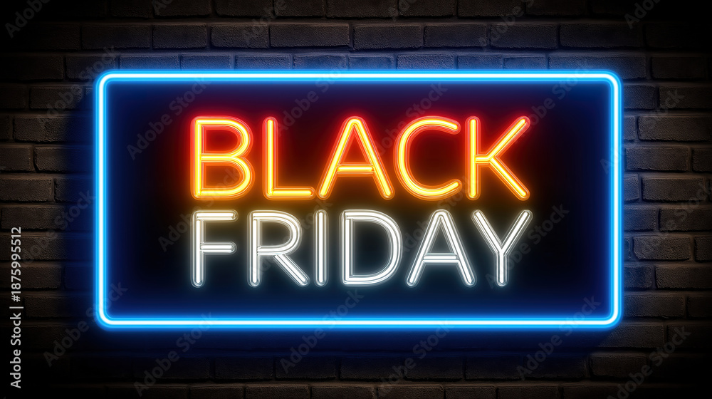 Obraz premium Black friday text glowing inside neon frame creating eye catching sale visual design