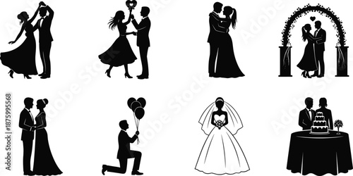 Romantic wedding couple silhouettes collection showing love proposal dance ceremony kiss celebration marriage engagement black vector illustration isolated elegant design