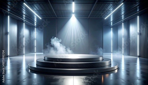 Futuristic empty stage, spotlighting a silver circular platform, smoke