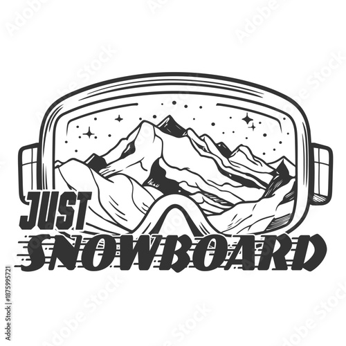 Scene of a snowy mountain in the reflection of snowboarding goggles.