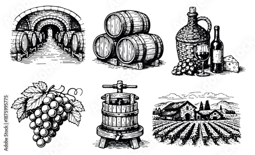 Hand drawn line art winemaking set featuring a wine cellar, wooden barrels, grapes, a wine bottle, glass, press, and a vineyard for wine production