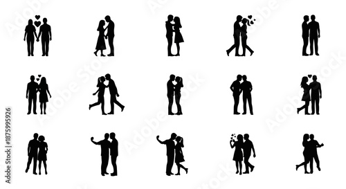 Collection of Silhouette Illustrations Depicting Romantic Couples in Various Poses, Perfect for Love and Relationship Themes