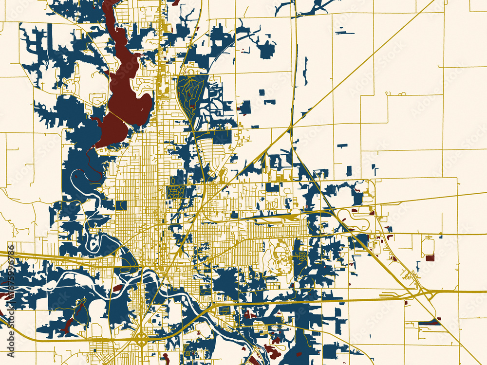 Naklejka premium Decorative abstract map of Dnavill, Illinois, featuring deep-red water with clean ivory streets and warm gold road lines on a soft cream background