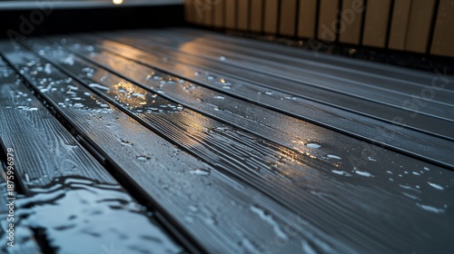 Close up of wet grey composite spa deck with water reflections