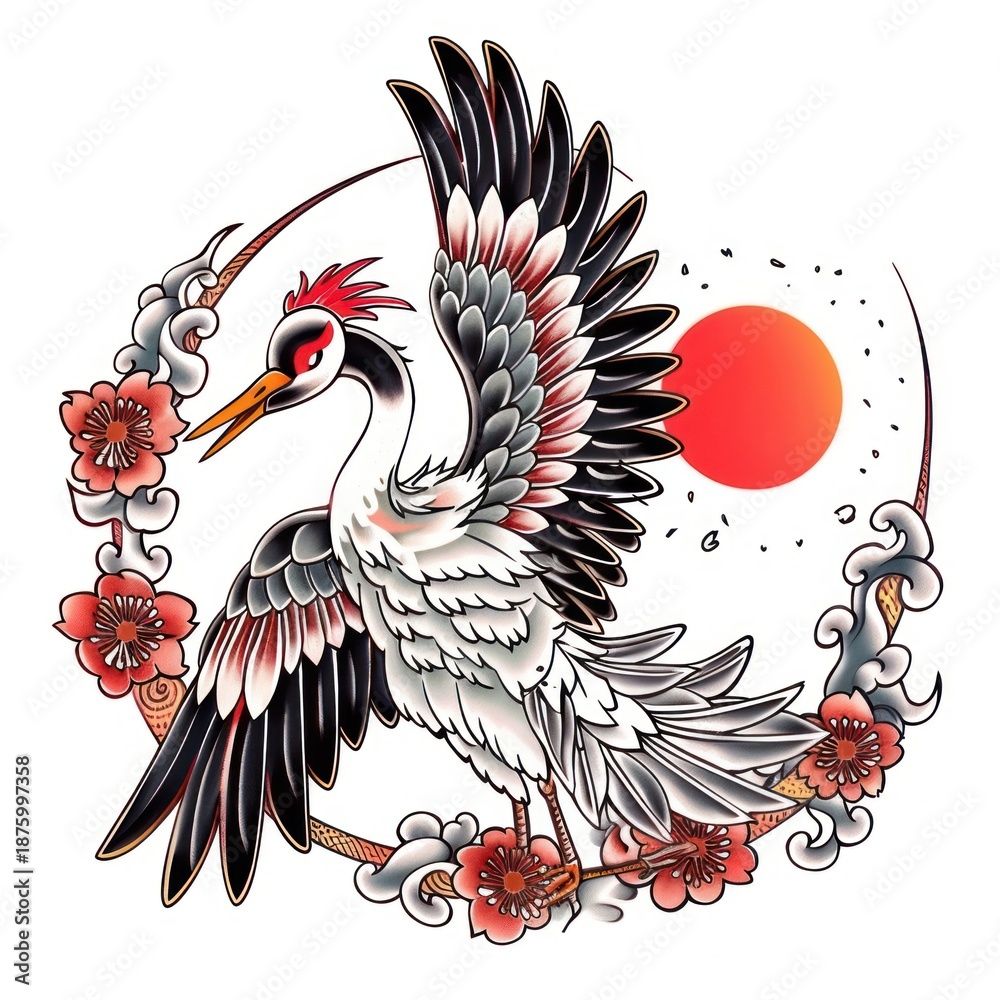 Naklejka premium Tattoo illustration of a japanese crane illustrated waterfowl drawing.