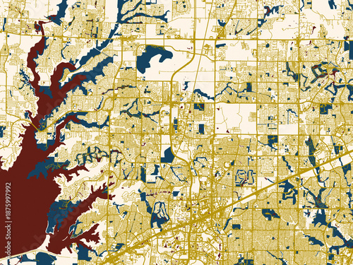 Photography Flat city map of Frisco, Texas in midnight red and gold palette