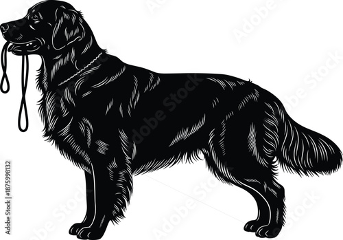Golden Retriever dog silhouette standing proudly, holding its leash in its mouth, waiting for a walk, highly detailed black and white vector illustration for pet and animal themes