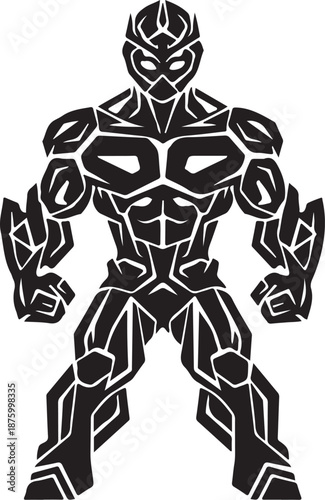 Robotic superhero in black and white futuristic armor stance