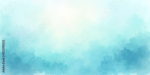 An abstract watercolor background features a beautiful blue sky and white clouds with a natural sunny texture reflecting bright summer sunlight in a heavenly day landscape
