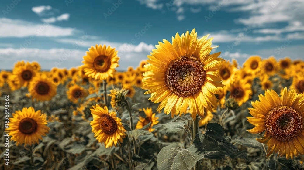 Fototapeta premium Bright Yellow Sunflowers Blooming in Field Under Cloudy Blue Sky Landscape