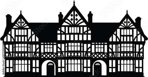 Traditional Tudor style house silhouette with timber framing, black and white architectural illustration highlighting historic English heritage, classic residential design, old town buildings, 