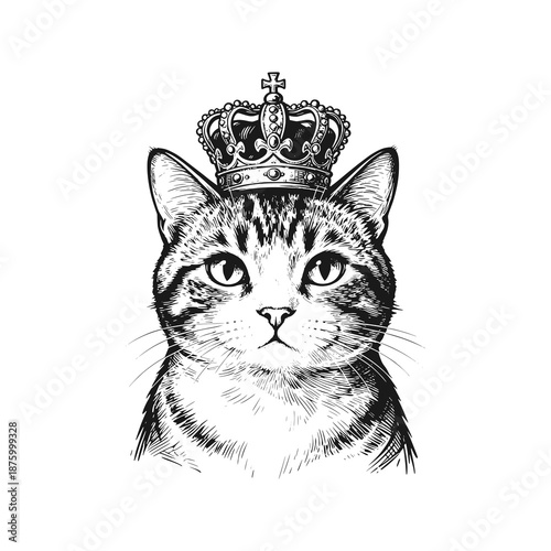Cute cat wearing a royal crown. Black white vector illustration.