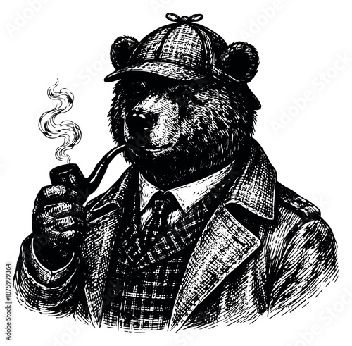 Hand drawn line art illustration of a bear detective depicting smoking a pipe and wearing a deerstalker hat for mystery and investigation concepts