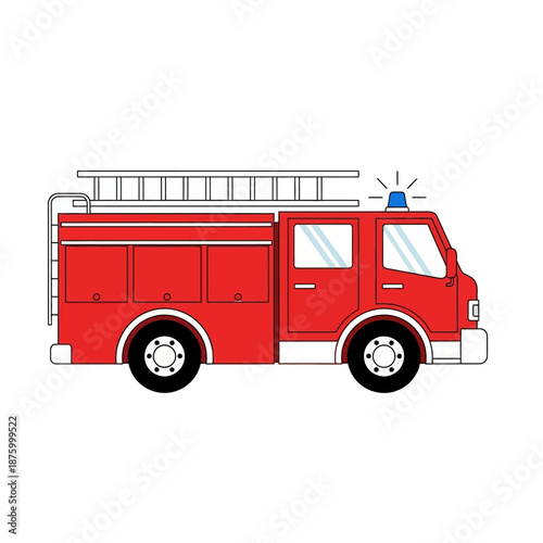 Red Fire Truck Illustration with Ladder and Blue Siren Light