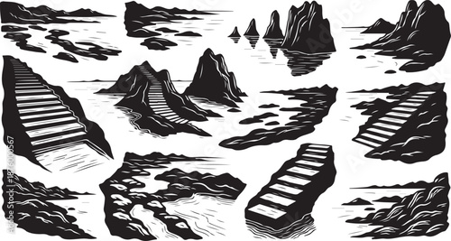Black and white illustration of mountainous landscape with staircases