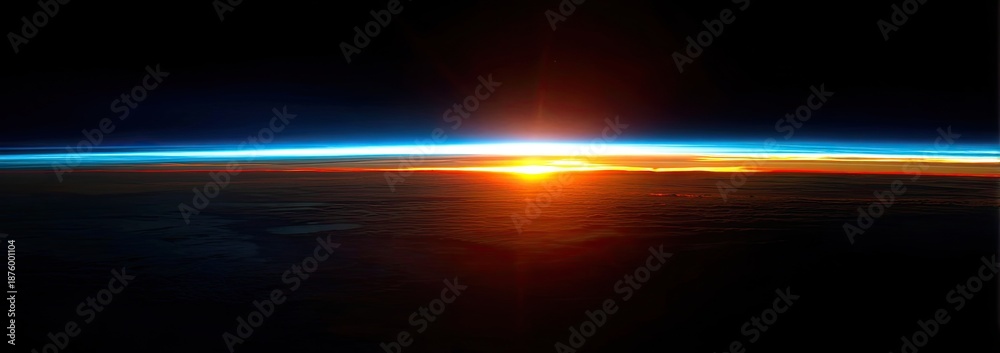 Fototapeta premium Earth's horizon with rising sun and blue atmosphere seen from space