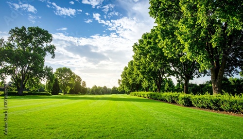 Lush Green Grass Field with Trees and Blue Sky on a Sunny Day