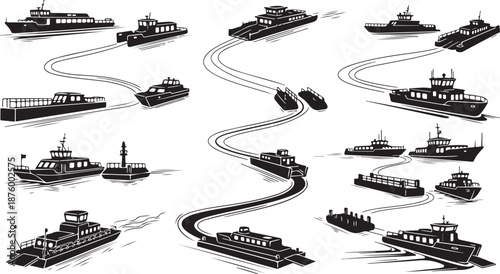 Collection of various boats and ships on waterways illustration