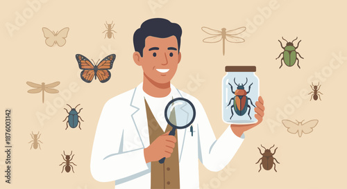 Friendly Insect Scientist Portrait
A flat vector illustration of a friendly insect scientist smiling confidently, holding a magnifying glass or specimen jar. Simple background with insect icons. 