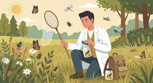 Insect Scientist Collecting Samples
A flat vector illustration of an insect scientist collecting insect samples using a net or container. Flat vector style, responsible and careful scientific work.