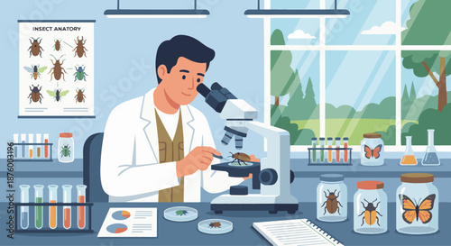  Insect Scientist in Laboratory
A flat vector illustration of an insect scientist working in a laboratory. Test tubes, microscopes, and insect specimens are visible. 