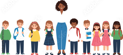 Diverse group of elementary school children standing in a row with their female teacher on white background illustration