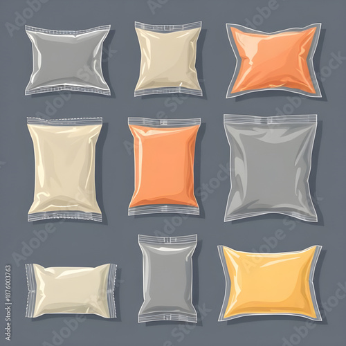 plastic, packaging, package, pack, bag, wrapper, pouch, container, vector, illustration, set, collection, product, retail, shopping, food, storage, transparent, clear, mockup, template, blank, empty, 