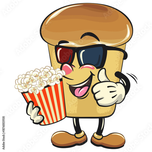 cute rum baba cake cartoon mascot character  with a bucket of popcorn with wearing 3d glasses, vector illustration, work of hand drawn