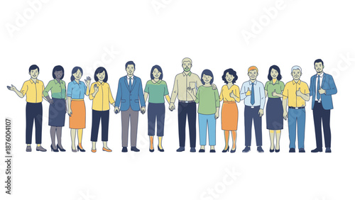 Diverse group of people standing in a line with various business casual outfits on a white background.