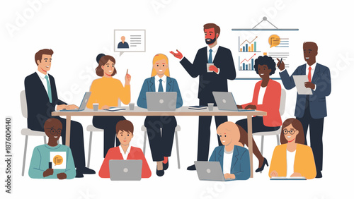 Illustration of a diverse group of business professionals collaborating and working on laptops in a meeting with a whiteboard and charts in the background.