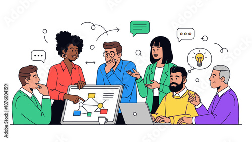 Illustration of a diverse team collaborating around a laptop and whiteboard with colorful sticky notes in a brainstorming session.