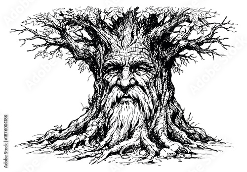 Hand drawn line art illustration of an ancient tree spirit depicting a wise face for fantasy and nature themes