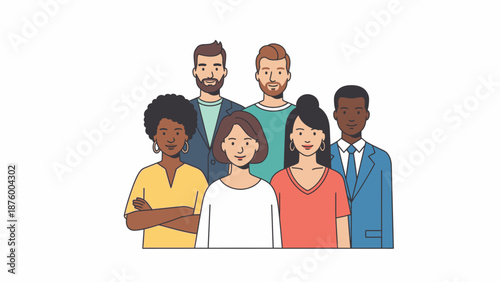 Illustration of a diverse group of six adults standing together in a flat, colorful style against a clean white background.